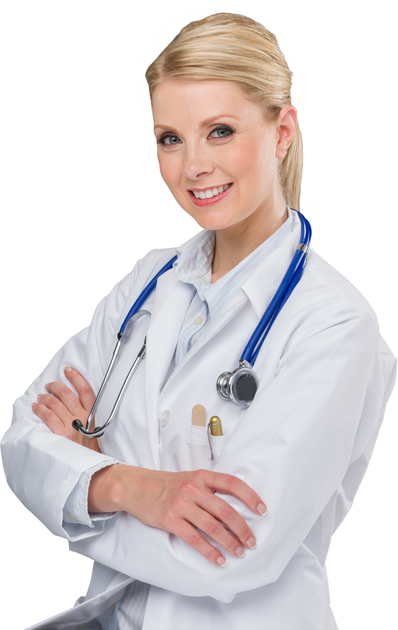 Friendly female doctor with medium light blond hair in uniform - Isolated
